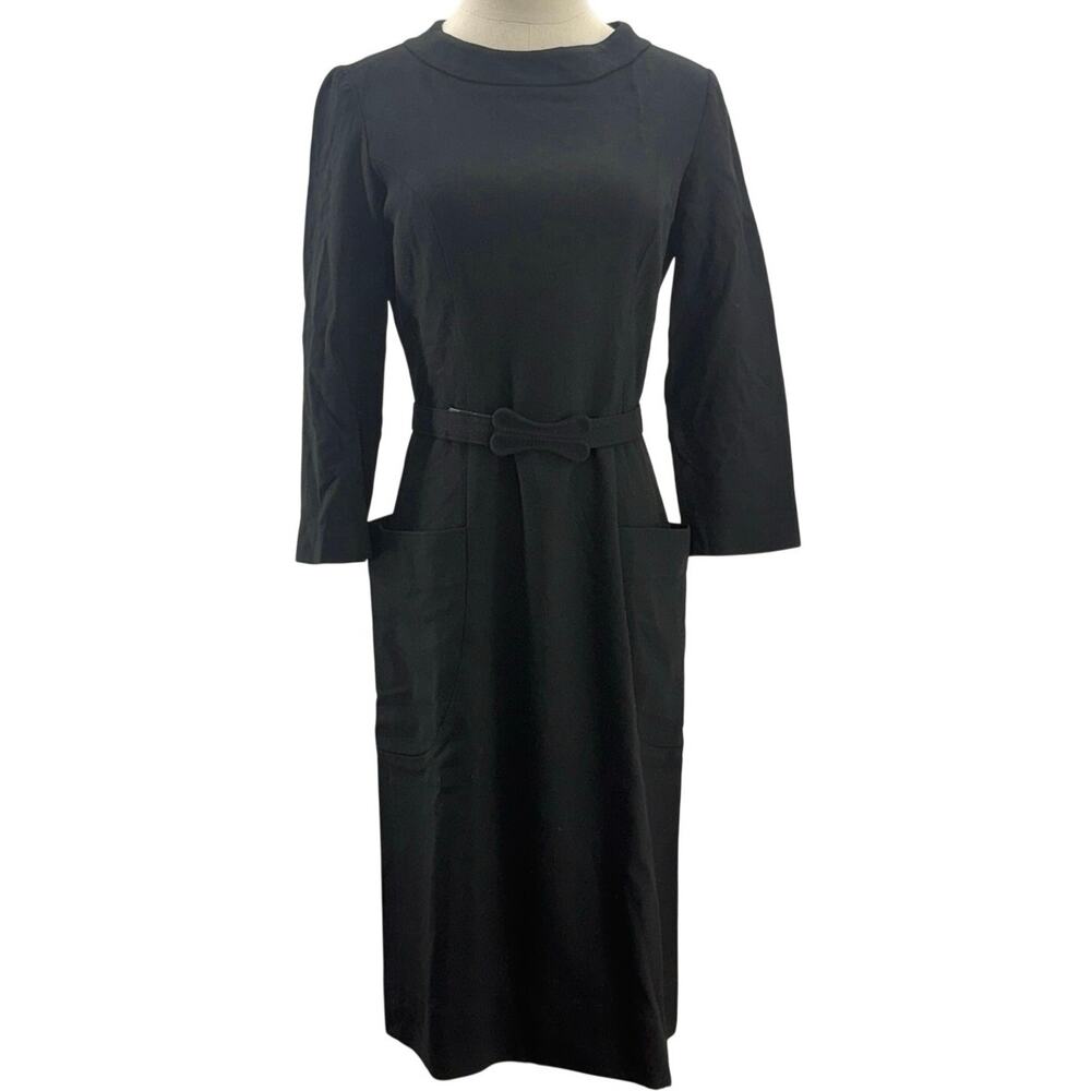 Vintage 60s Women's Small Black Wool Sheath Dress Koret Belted Pockets